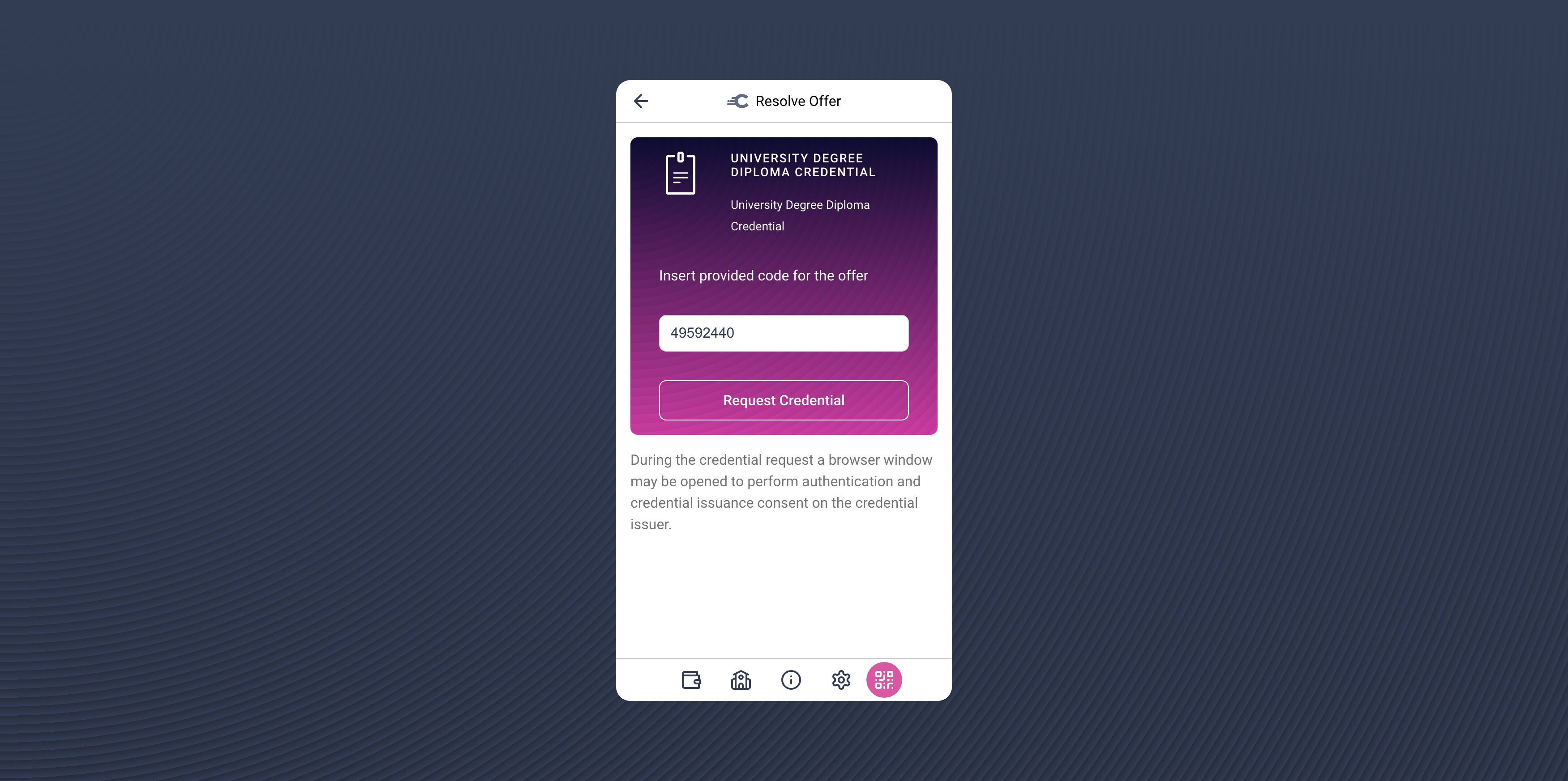 Request credential screen with PIN input