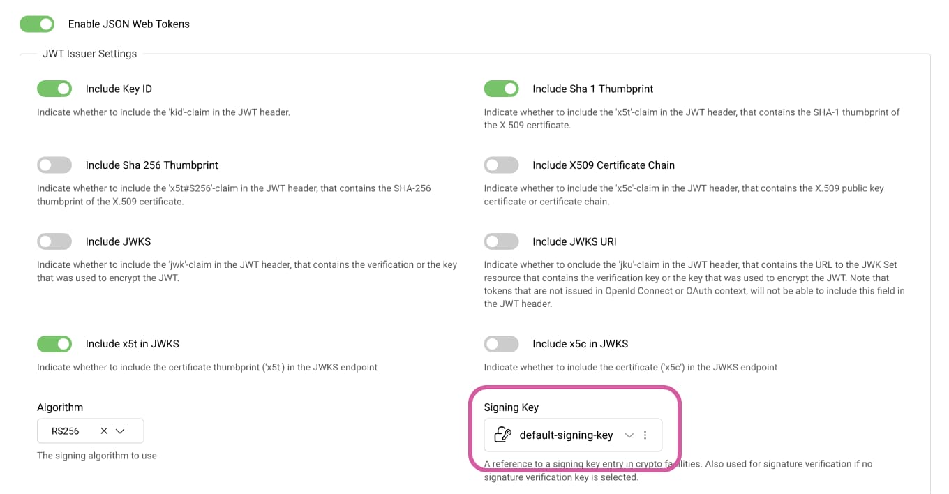 Token Issuers form that shows the default-signing-key assigned to the JWT issuer
